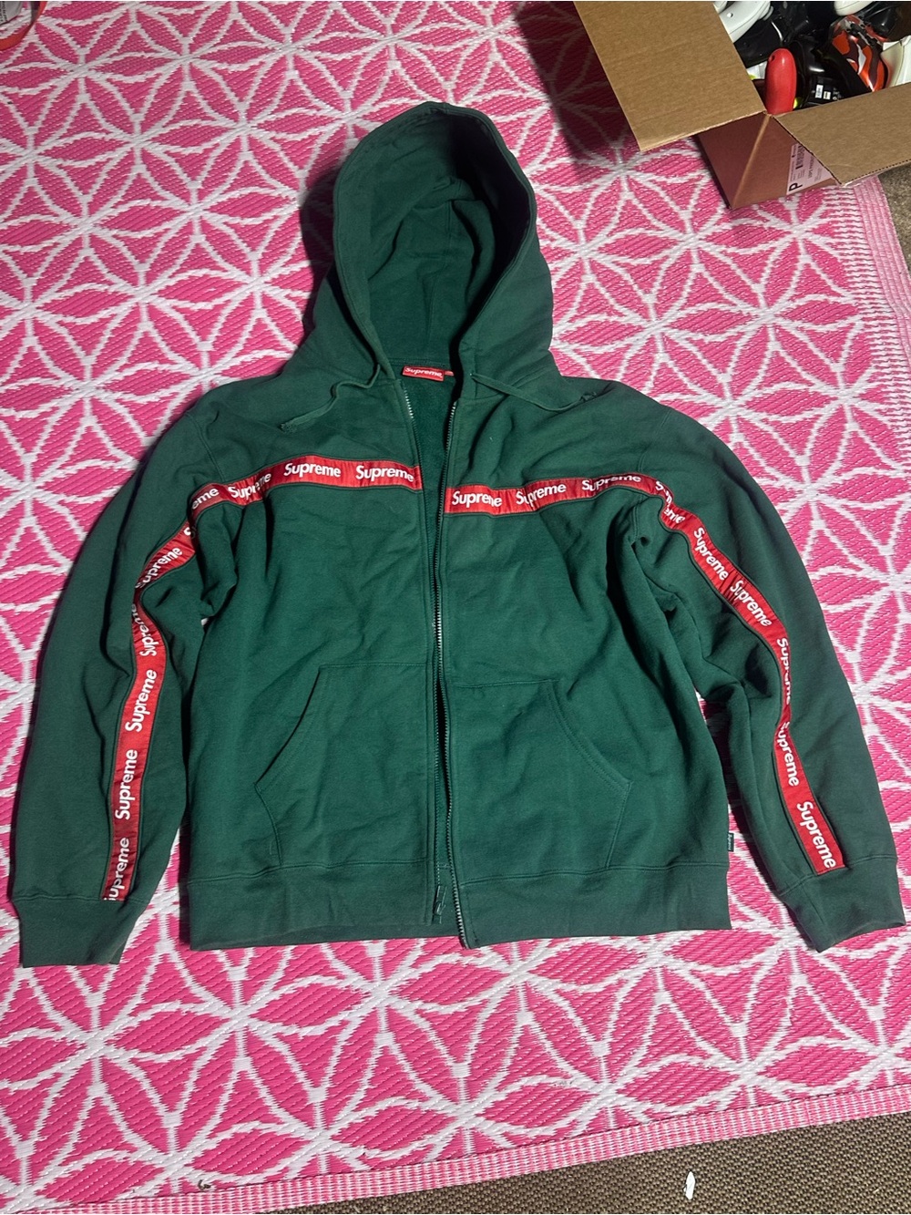 Supreme Chest Stripe Zip Up Hooded Sweatshirt Dark Green Men's Size XL